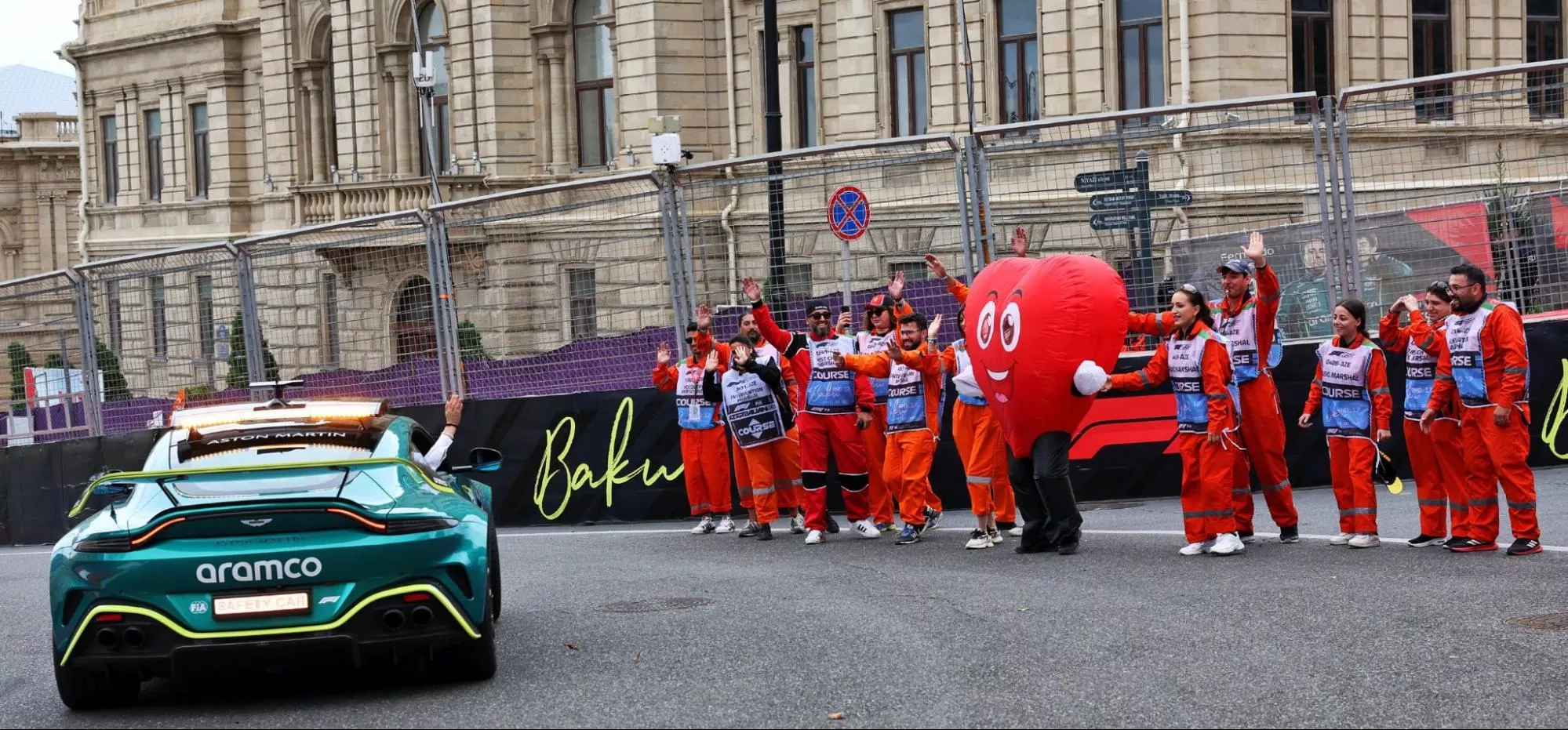 FIA safety car driver Bernd Maylander waves at volunteers at the Baku City Circuit, Azerbaijan