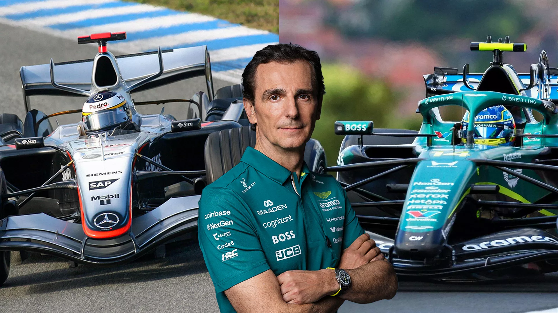Pedro de la Rosa flanked by F1 cars
